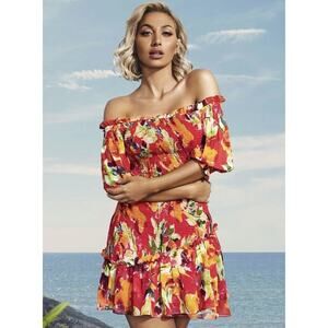 Guess by Marciano Bold Feminine off shoulder smocked red dress Sz S  